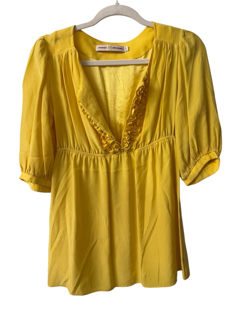 Amanda Uprichard Lemon Yellow Silk Blouse Ruffle Placket Puff Sleeve Size Small
